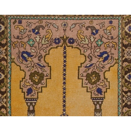 Vintage Handmade Turkish Prayer Rug depicting a Chandelier, Couple of Columns and Flowers