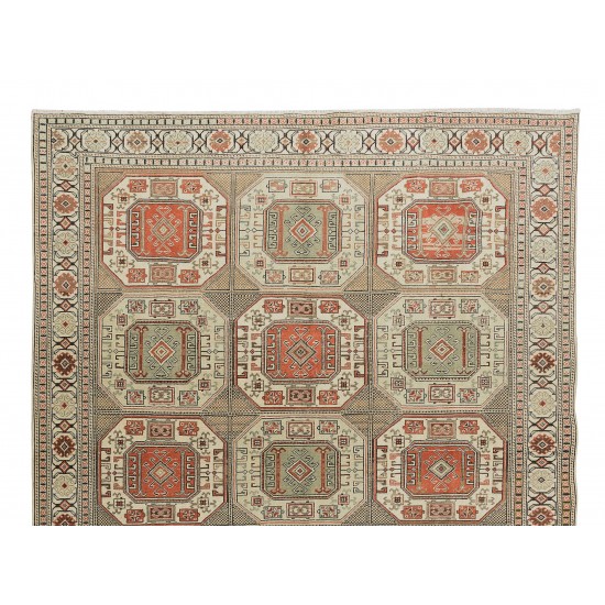 Square Vintage Carpet Rug With Star Motifs, Muted Color Handmade