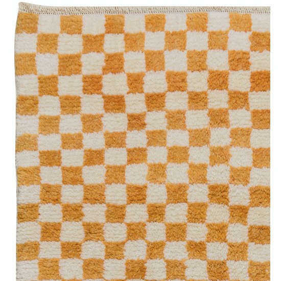 Checkered Handmade Rug in Beige & Orange, 100% Soft, Cozy Wool