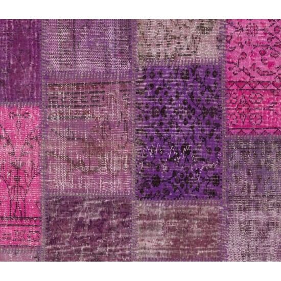 Handmade Patchwork Rug in Pink & Purple Colors. Modern Turkish Carpet, Woolen Floor Covering