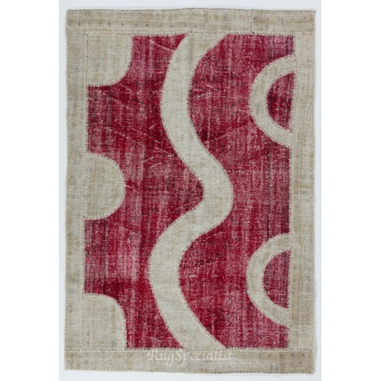 Custom Unique Design Handmade Vintage Patchwork Rug in Red and Beige. Modern Turkish Carpet. Woolen Floor Covering