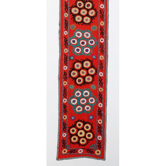 Red Silk Suzani Table Runner, Vintage Embroidery Wall Hanging, Floral Uzbek Bedspread Runner, Unique Wall Decor